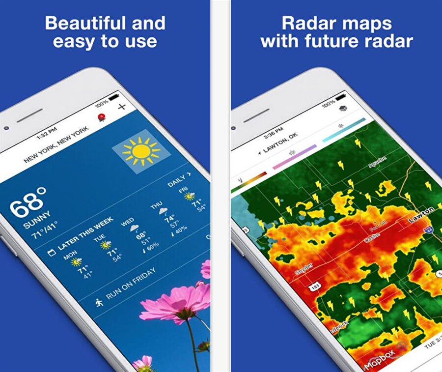 The Weather Channel: ​Özellikle detaylı analizler ve 10 günlük genişletilmiş raporlar sunan bu mobil uygulama; sıcaklık, rüzgar ve görüş gibi verileri de saatlik olarak kullanıcıların karşısına getiriyor. 
The Weather Channel (Google Play)The Weather Channel (iOS)