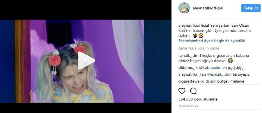 Sosyal medyadan paylaştı
2000 doğumlu genç şarkıcı Aleyna Tilki, 'Sen Olsan Bari' isimli yeni şarkısının teaseri'ını; "Yeni şarkım 'Sen Olsan Bari'nin teaseri çıktı! Çok yakında tamamı sizlerle!" notuyla paylaştı.