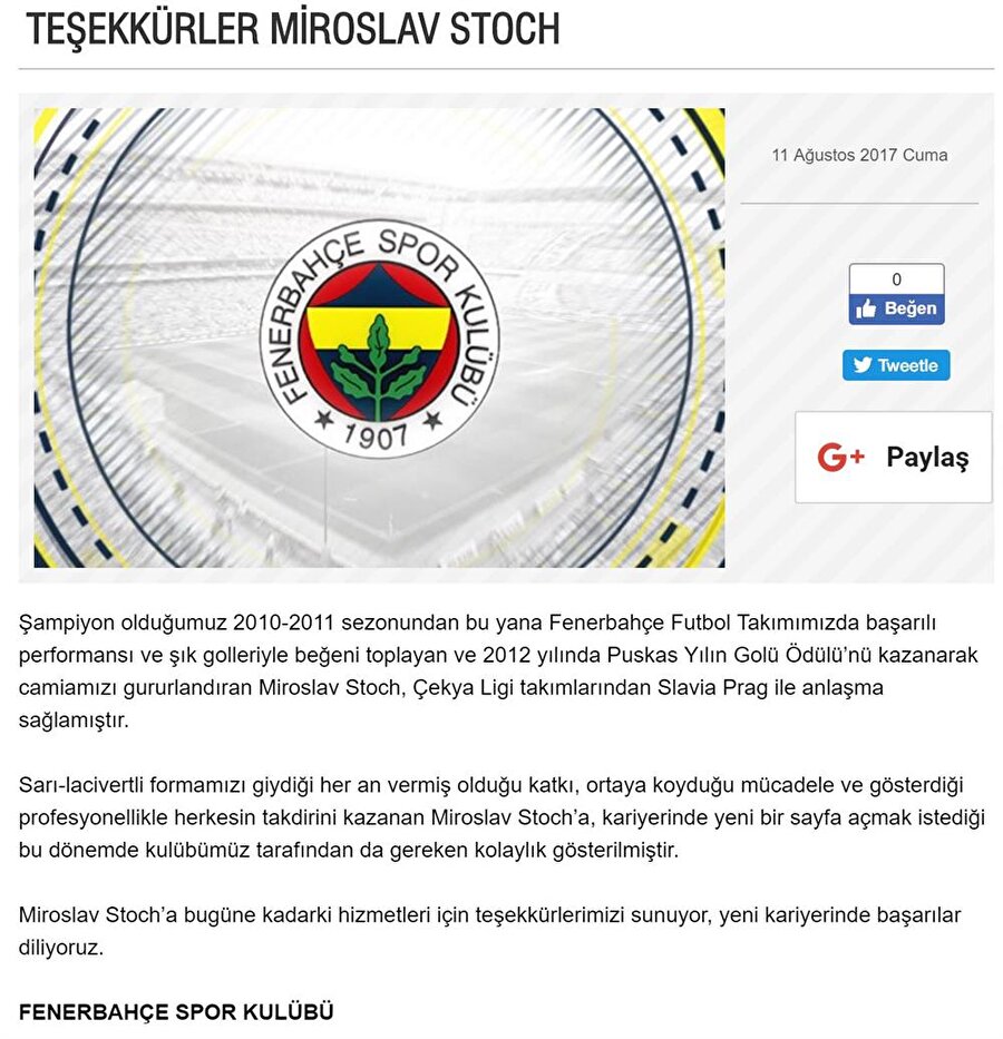 Fenerbahçe, Miroslav Stoch'un ayrılığını böyle duyurdu.
