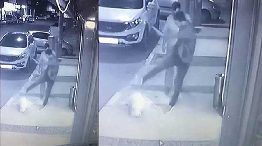 Köpeğe tekme atan şahıs güvenlik kamerasında