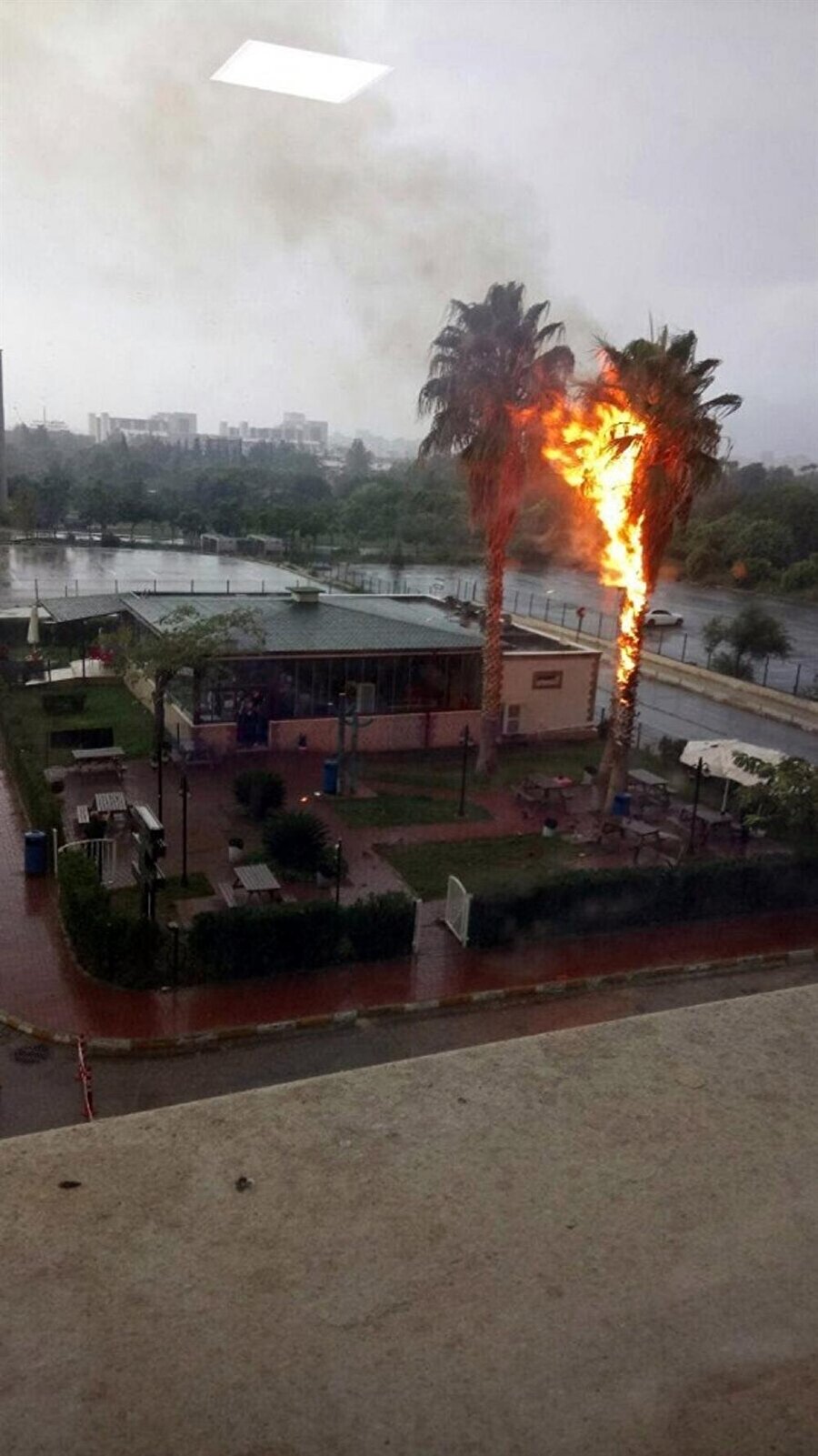Hastane'de bulunan kafeteryanın bahçesine yıldırım düştü