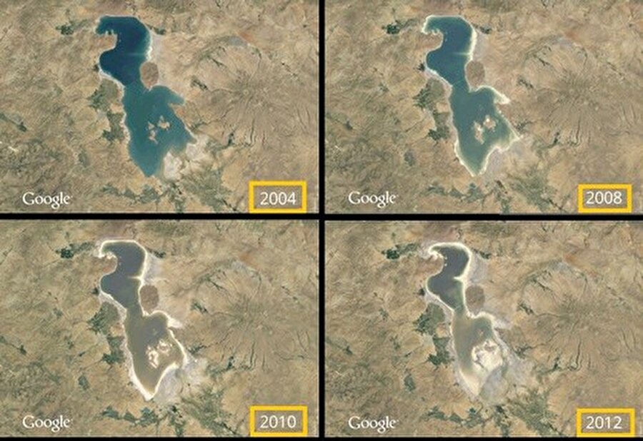 3-	Urmiye gölü küçülüyor

                                    Urmiye Gölü, uzun zamandır küçülmektedir. Yılda yaklaşık 0,6 m ile 1 m arasında buharlaşma meydana gelen gölde, yağışın yetersiz, buharlaşmanın güçlü olduğu bir iklimin payı oldukça yüksektir. 1975-2011 yılları arasında göl 7 metre alçalmıştır.
                                