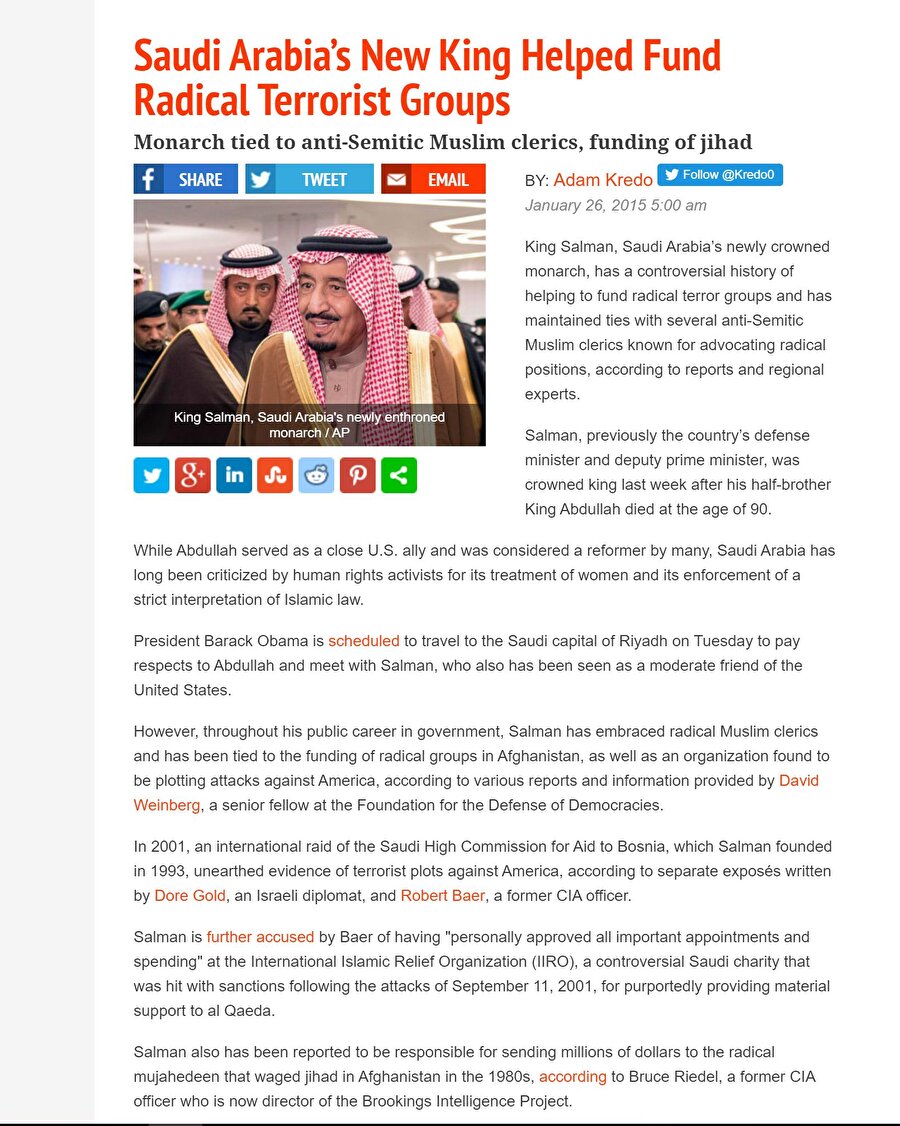 Suudi Arabistan
Yine 2015’te FDD’den David Weinberg’e göre kariyeri boyunca Kral Selman, radikal Müslüman din adamlarını ve Afganistan'daki terör örgütlerini fonladı. Yani 2 yıl önce bütün bu olanların arkasında Suudi Arabistan vardı. Peki 2 yılda ne oldu?
