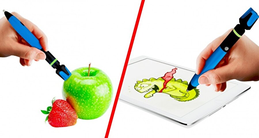 Bu kalem sayesinde birkaç saniye içinde her nesnenin renk değeri elde edilebiliyor. Örneğin bu kalemin tepe kısmı elmaya temas ettirildiğinde renk otomatik olarak algılanıyor ve çizim yapıldığında elma rengi baz alınıyor.

                                    
                                    
                                
                                