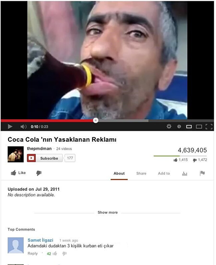 Coca Cola'nın yasaklanan reklamı
Adamdaki dudaktan 3 kişilik kurban eti çıkar..