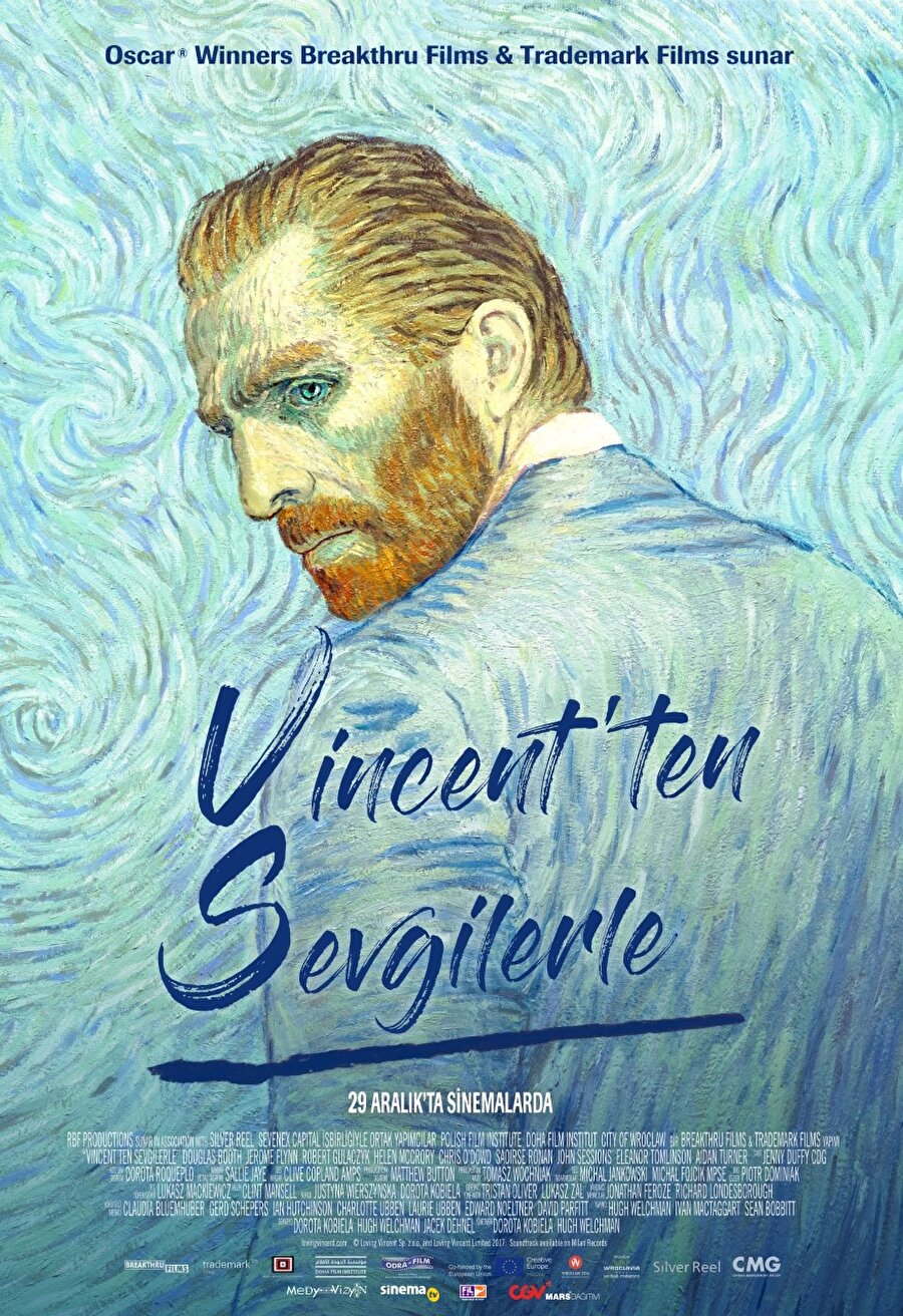 Vincent’ten Sevgilerle (Loving Vincent)
Vizyon Tarihi: 29 Aralık 2017Tür: Animasyon, Dram, SuçYönetmen: Hugh Welchman, Dorota Kobiela
Oyuncular: Chris O'Dowd, Jerome Flynn, John Sessions, Richard BanksAnimasyon film sevenlerin yıl bitmeden mutlaka izlemesi gereken Vincent’ten Sevgilerle, ünlü ressam Vincent Van Gogh’un ilgi çekici hayat hikâyesini anlatıyor. Van Gogh'un etkileyici resimlerinin yanı sıra tutkulu ve talihsiz hayat hikâyesi, 60.000 kare oluşturacak şekilde 125 profesyonel yağlı boya ressamı tarafından çizildi. Yönetmenliğini Dorota Kobiela ve Hugh Welchman’ın yaptığı film, Van Gogh’un 120’den fazla tablosundan oluşuyor.