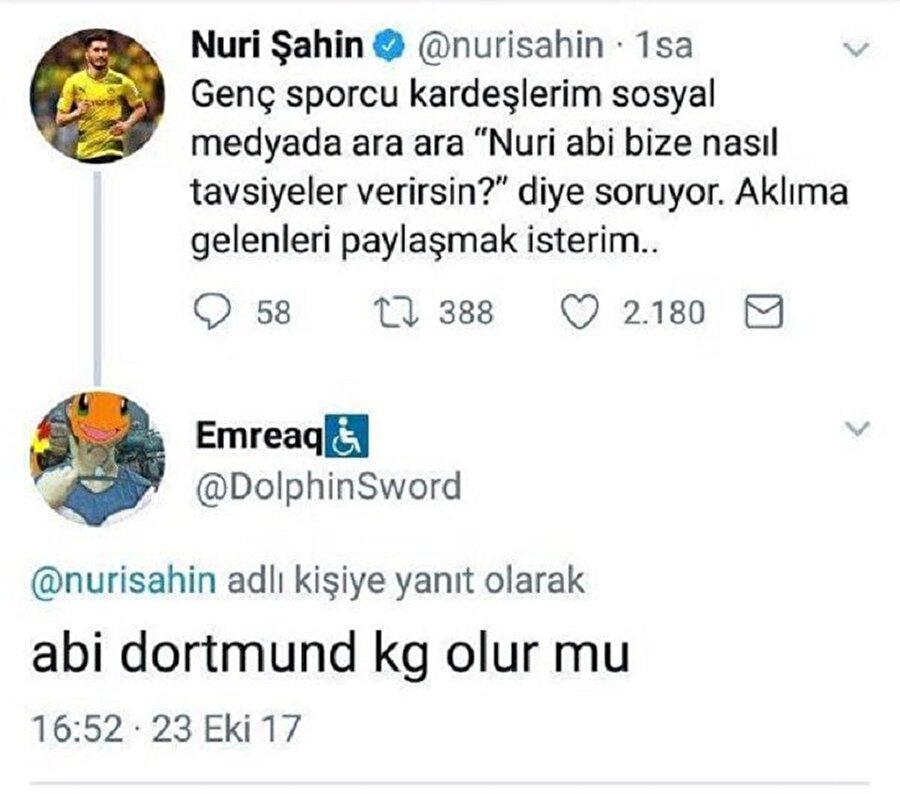 Nuri Şahin gençlere öğüt veriyor fakat;

                                    Nuri Şahin futbolcu olmak isteyen gençlere tavsiyeler verirken ''Dortmund KGvar'' olur mu? cümlesi ile  yaşanan acı gerçekler..
                                