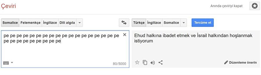 Sonunda niyetini belli ediyor
80 karaktere ulaşan "pe pe pe..." metninde Google Translate sitesi niyetini iyice belli ediyor.