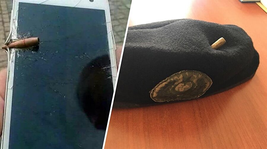 Fotoğraflarda, mermilerin isabet ettiği, silah, kalkan, telefon ve bere yer aldı.