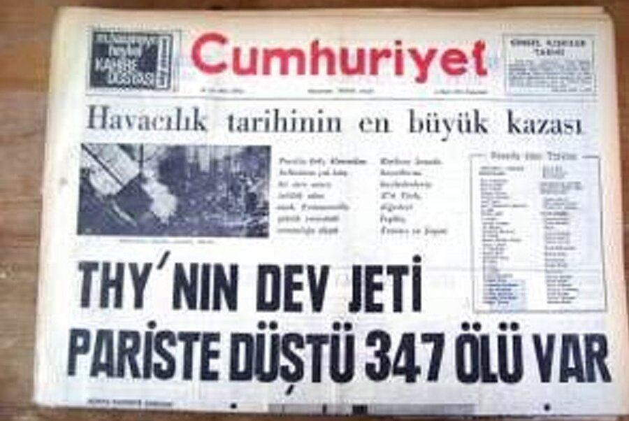 3 Mart 1974 - Fransa

                                    Türk Hava Yolları’na ait bir McDonnell Douglas DC-10, İstanbul-Paris-Londra seferinin iki ayağı olan Paris-Londra seferi sırasında düştü. Paris’ten kalktıktan dakikalar sonra kargo kapısı açılan uçak, hasar aldı ve kontrolünü kaybetti. Paris yakınlarındaki Ermononville ormanına yaklaşık 470 knot hızla çakılan uçaktan sağ kurtulan olmadı, 346 kişi hayatını kaybetti. Bu, o tarihte yaşanan en büyük uçak kazasıydı ve bir önceki en büyük kazayı ikiye katlayarak bu unvanı kazanmıştı.
                                