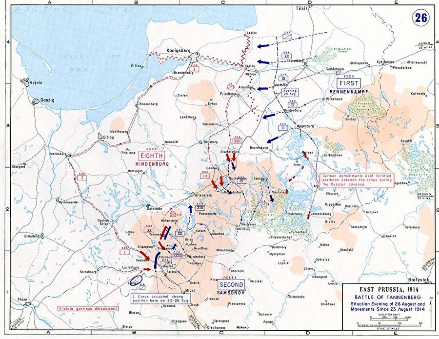 Tannenberg Savaşı (Toplam 182.000 ölü) 

                                    Ruslar, başarısız Doğu Prusya harekâtından sonra Gumbinnen’de Almanları yendiler ve batıya doğru ilerlemeye başladılar. Almanlar, Rusların ilerlemesini durdurmak için hızlıca Sekizinci Orduyu harekete geçirdi. Almanlar kendilerinden iki kat kalabalık olan iki Rus ordusunu da Tanneberg’de büyük bir yenilgiye uğrattı. Alman ordusunun kaybı 12.000 civarındaydı buna karşın Ruslar yaklaşık 170.000 askerini kaybetmişti. Osmanlı İmparatorluğunu, Almanların safına iten sebeplerden biri de bu zaferdi ancak Almanlar bu başarılarını batı cephelerinde sürdüremedi.
                                