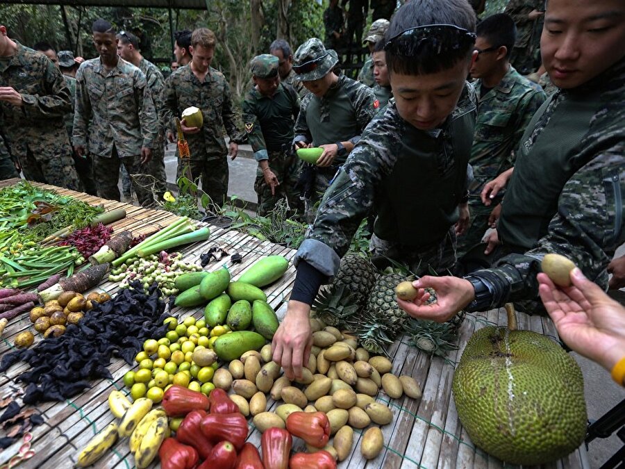 Tayland askerleri hangi yerel meyve sebzelerin yenmesi gerektiğini de öğretiyorlar.

