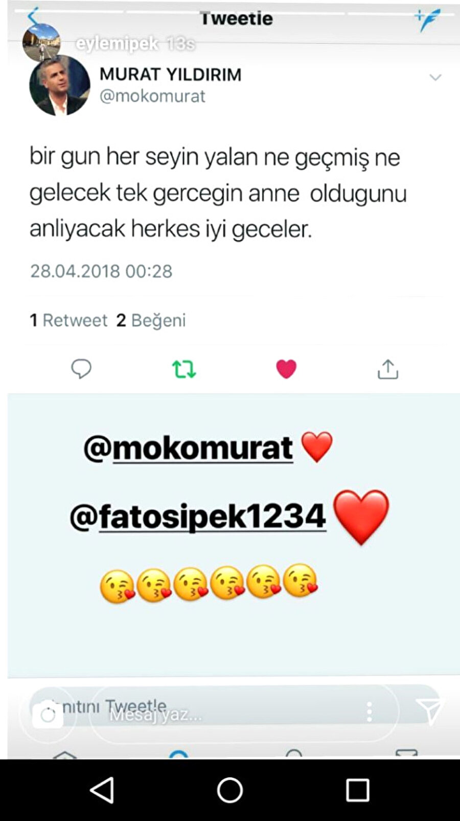 Bir tepki de dayıdan
Yaşar İpek'e bir tepkide dayısı Murat Yıldırım'dan geldi. Yıldırım Twitter'dan yazdığı notta, "Bir gün her şeyin yalan ne geçmiş ne gelecek tek gerçeğin anne olduğunu anlayacak herkes" dedi. Eylem İpek'de dayısının notunu Instagram'dan paylaşarak destek verdi.