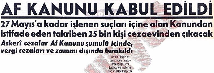 DARBE AFFI
 27 Mayıs 1960 tarihinde Türk Silahlı Kuvvetleri tarafından yönetime el konulmasından sonra, 26 Ekim 1960 tarihinde genel af yasası çıkarıldı. Yasayla kusurdan doğan suçlarla üst sınırı 5 yılı geçmeyen hürriyeti bağlayıcı cezalar hakkında takibat yapılmaması hükmü getirildi. Bu af yasasında; devlet aleyhine, ırza yönelik ve Atatürk aleyhine işlenen suçlar gibi bazı suçlara verilen cezalar af kapsamı dışında bırakıldı.