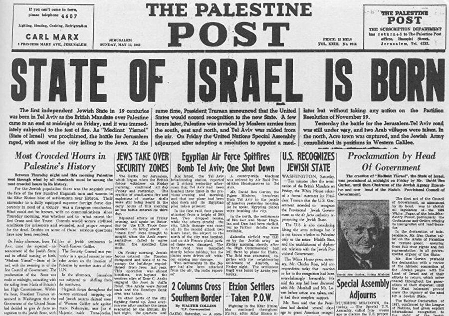 İsrail'in kuruluşunu duyuran "The Palestine Post" gazetesinin 14 Mayıs 1947 günkü manşeti.