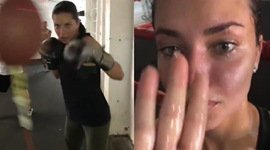 Üst üste attığı yumruklarla profesyonel boksörlere taş çıkartan güzel model, ter içinde kaldı.