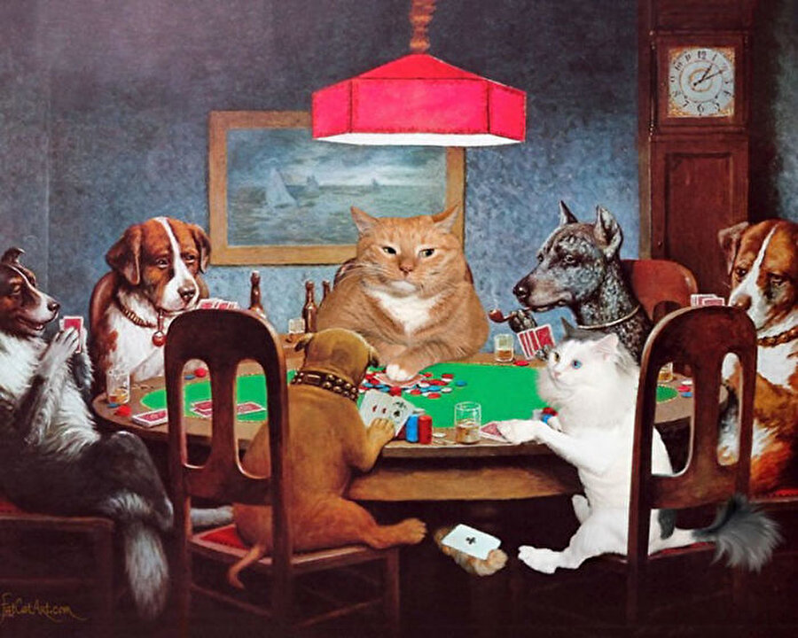 Любая картина. Кассиус Маркеллус Кулидж кошки. Кассиус Маркеллус Кулидж собаки играют в Покер. Кулидж художник. Картина коты играющие в Покер.