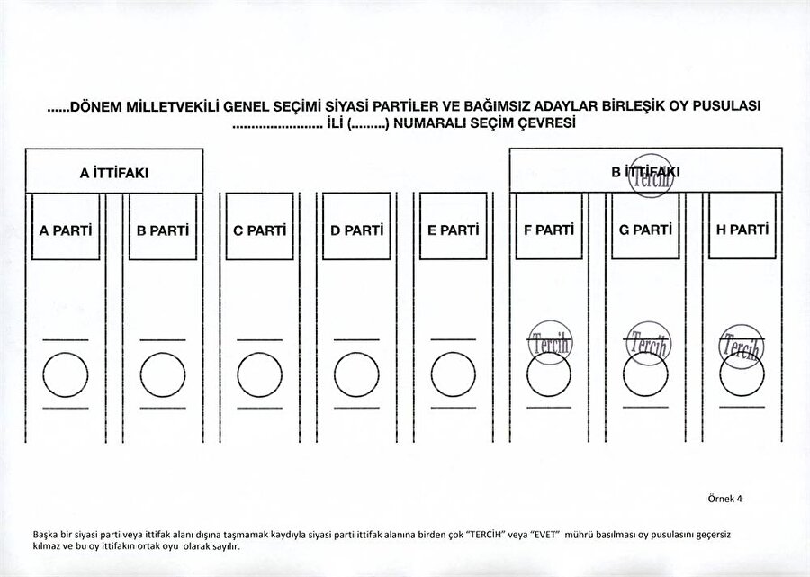 Başka bir siyasi parti veya ittifak alanı dışına taşmamak kaydıyla siyasi parti ittifak alanına birden çok 'EVET' mührü basılması oy pusulasını geçersiz kılmaz ve bu oy ittifakın ortak oyu olarak sayılır.

                                    
                                    
                                    
                                
                                
                                