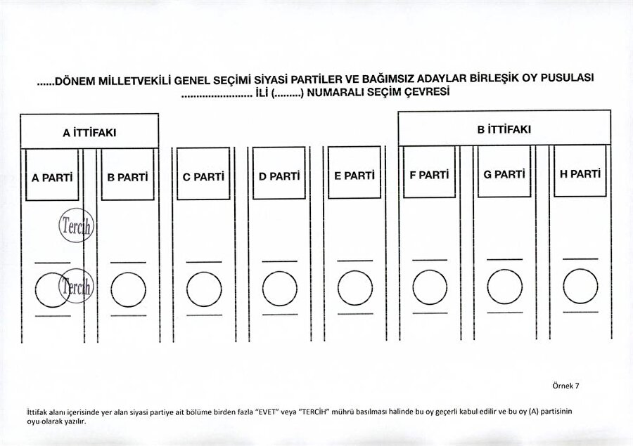 İttifak alanı içerisinde yer alan siyasi partiye ait bölüme birden fazla ‘EVET’ mührü basılması halinde bu oy geçerli kabul edilir.

                                    
                                    
                                    
                                    
                                
                                
                                
                                