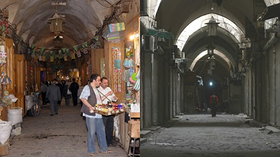 7- Halep El-Medine Çarşısı

                                    Osmanlı mirasını en güzel yansıtan tarihi şehirlerde biri olan Halep, neredeyse tamamen haritadan silindi. Her gideni kendine meftun eden kadim şehrin yerinde şimdi moloz yığınları var. Bu kıyımda yok olan eserlerden biri de tarihi El-Medine Çarşısı. Çarşı, 2012’den bu yana kullanılamaz durumda. Yapımı 14’üncü yüzyılda tamamlanan El-Medine Çarşısı, taş koridorları ve ahşap binalarıyla Ortaçağ’da Halep’i ziyaret eden tüccarların da seyyahların da göz bebeğiydi. Savaştan önce 1000’e yakın dükkânıyla çarşı göz kamaştırıyordu.
                                