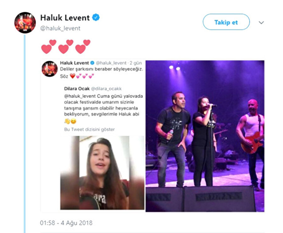 Hayranıyla düet yaptı!
Sahnede giydiği yelekleri satarak zor durumda olan kişilere yardım eden Haluk Levent, bu sefer de kendisine Twitter üzerinden ulaşarak tanışmak istediğini söyleyen genç hayranıyla, Yalova konserinde düet yaptı.