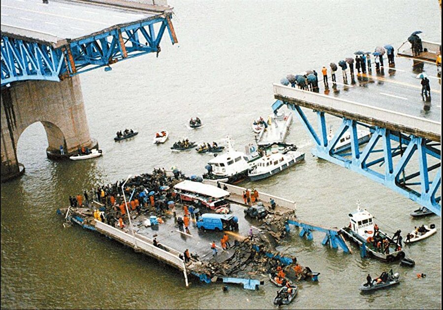 Seongsu Köprüsü - Güney Kore

                                    
                                    
                                    21 Ekim 1994'te Seongsu Köprüsü yıkıldı. Köprünün ortasındaki 45 metrelik alan çöktü.32 kişi hayatını kaybetti.Köprünün celik plakalarını birbirine bağlayan civatların kopmasıyla köprü ve üzerindeki araçlar sulara gömüldü.
                                
                                
                                