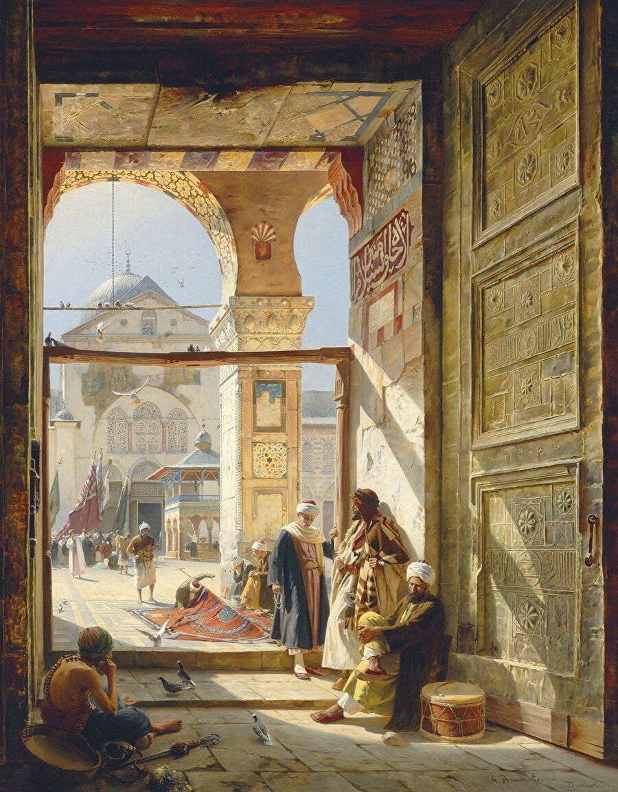 Gustav Bauernfeind'ın "Emevî Camii'nin Kapısında" eseri Ortadoğu temalı resimlerin en başarılı örneklerinden biridir.