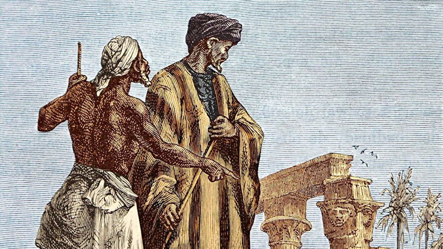 Léon Benett tarafından 1878'de yayınlanan bir kitaptaki İbn Battuta (sağda) tasviri.