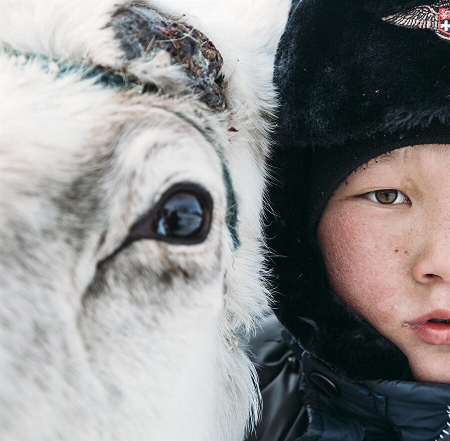 Ren geyiği ve Tuva'lı çocuk