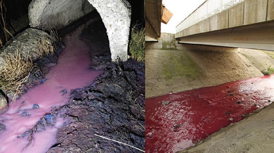 Çorlu Deresinin bir bölümü pembe, bir bölümü kırmızı tonlarında akıyor.