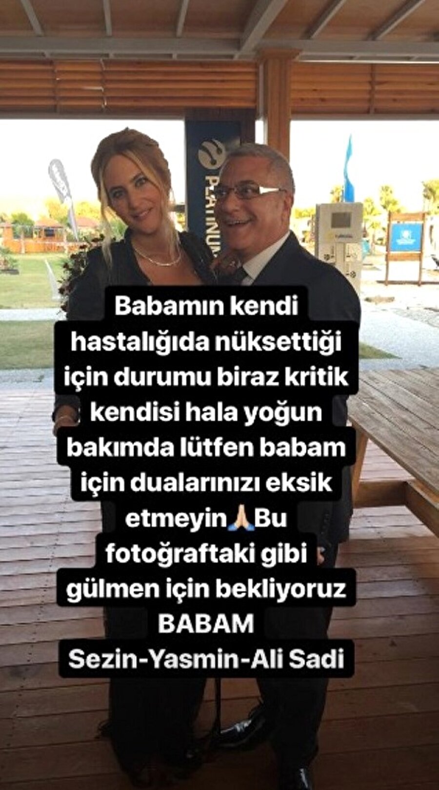 Babası için dua istedi!
Babası için dua istedi!


Son olarak ise; Instagram hesabından babasıyla fotoğraf paylaşan Sezin Erbil, "Babamın kendi hastalığı da nüksettiği için durumu biraz kritik. Kendisi hala yoğun bakımda. Lütfen babam için dualarınızı eksik etmeyin. Bu fotoğraftaki gibi gülmen için bekliyoruz" açıklamasında bulundu.