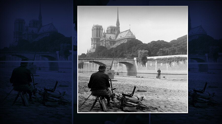 1944 yılında Notre Dame Katedralinin resmini çizen bir ressam.