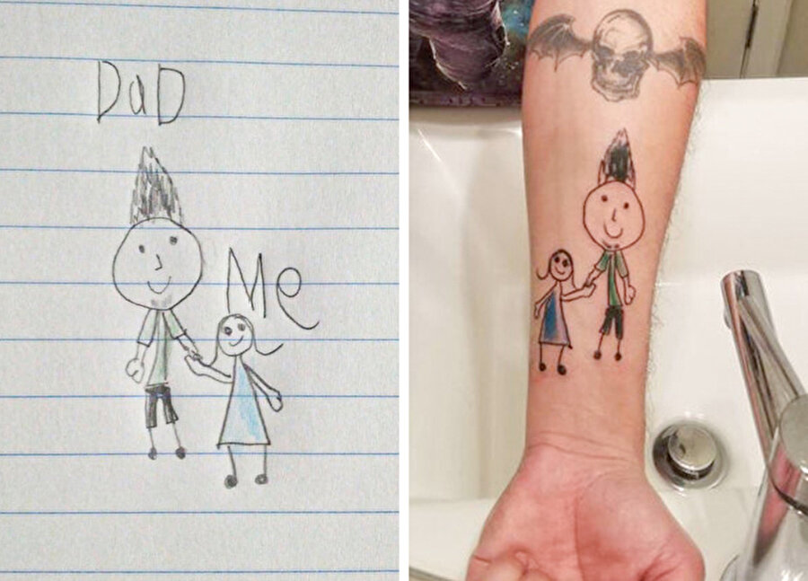 Kızının çizdiği ilk resmi dövme yaptıran baba
