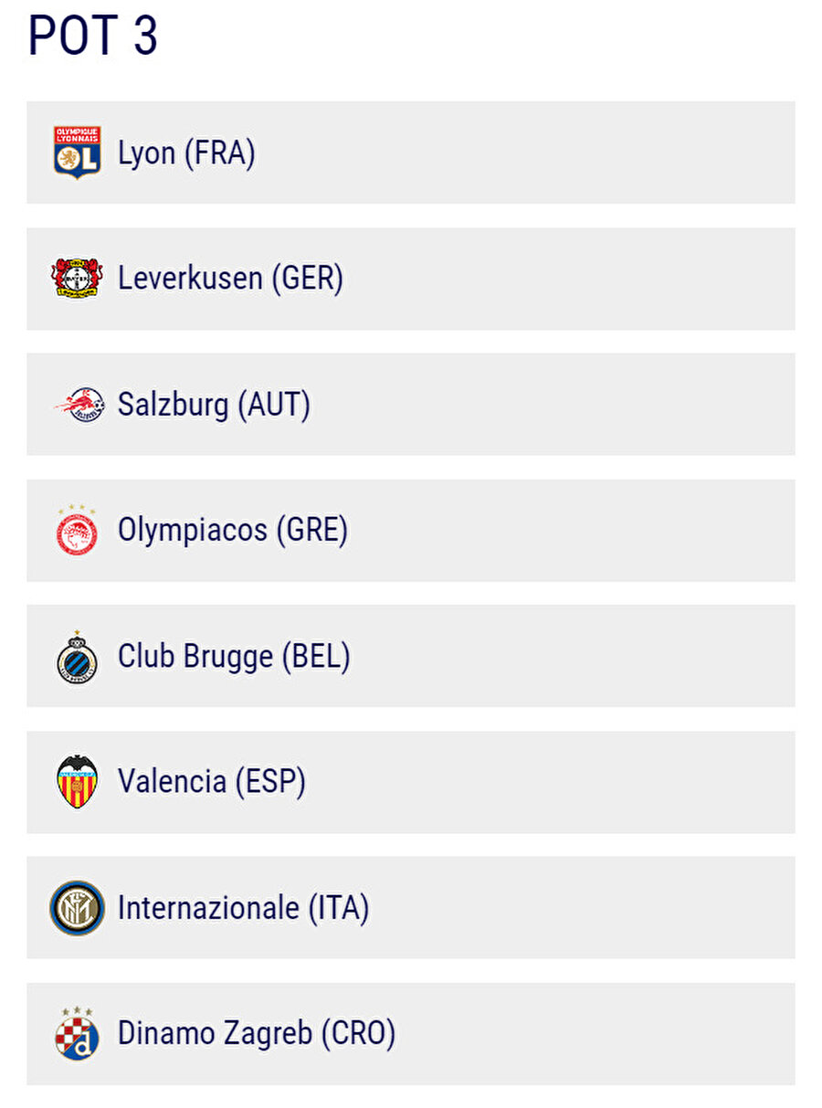 3. torbada Bayer Leverkusen, RBSalzburg, Valencia, Inter, Lyon, Olympiakos, Dinamo Zagreb, Club Brugge bulunacak.

                                    
                                    
                                
                                