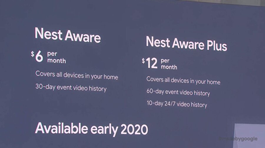Nest Aware

                                    
                                    Google, etkinlik kapsamında 3 yeni Nest ürününü de duyurdu. Kameraların en önemli noktası ise bulut kayıt özelliği. Nest Minis ve Nest Hubs'a güvenlik özellikleri kazandıran Nest Aware aylık 6 dolar ödemeyle kullanılabiliyor. 
                                
                                