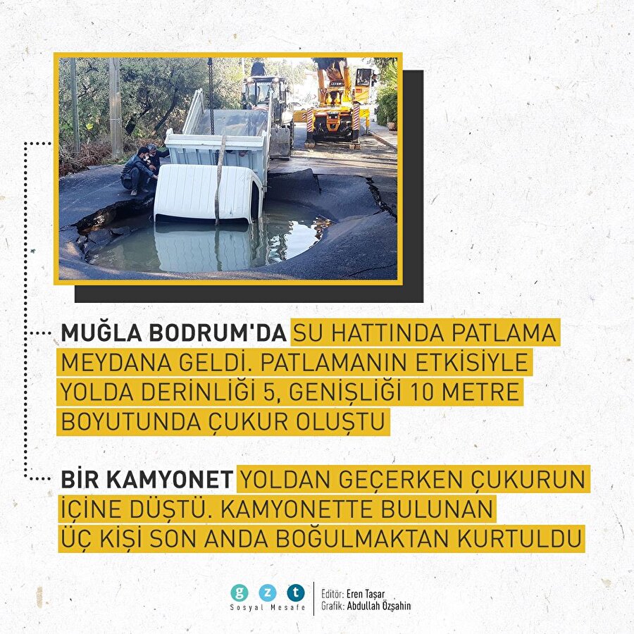 Muğla'da patlayan asfalta kamyonet düştü