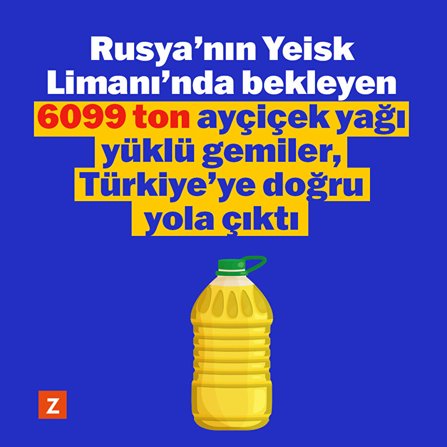 Rusya'nın Yeisk Limanı'nda bekleyen 6099 ton ayçiçek yağı yüklü gemiler, Türkiye'ye doğru yola çıktı