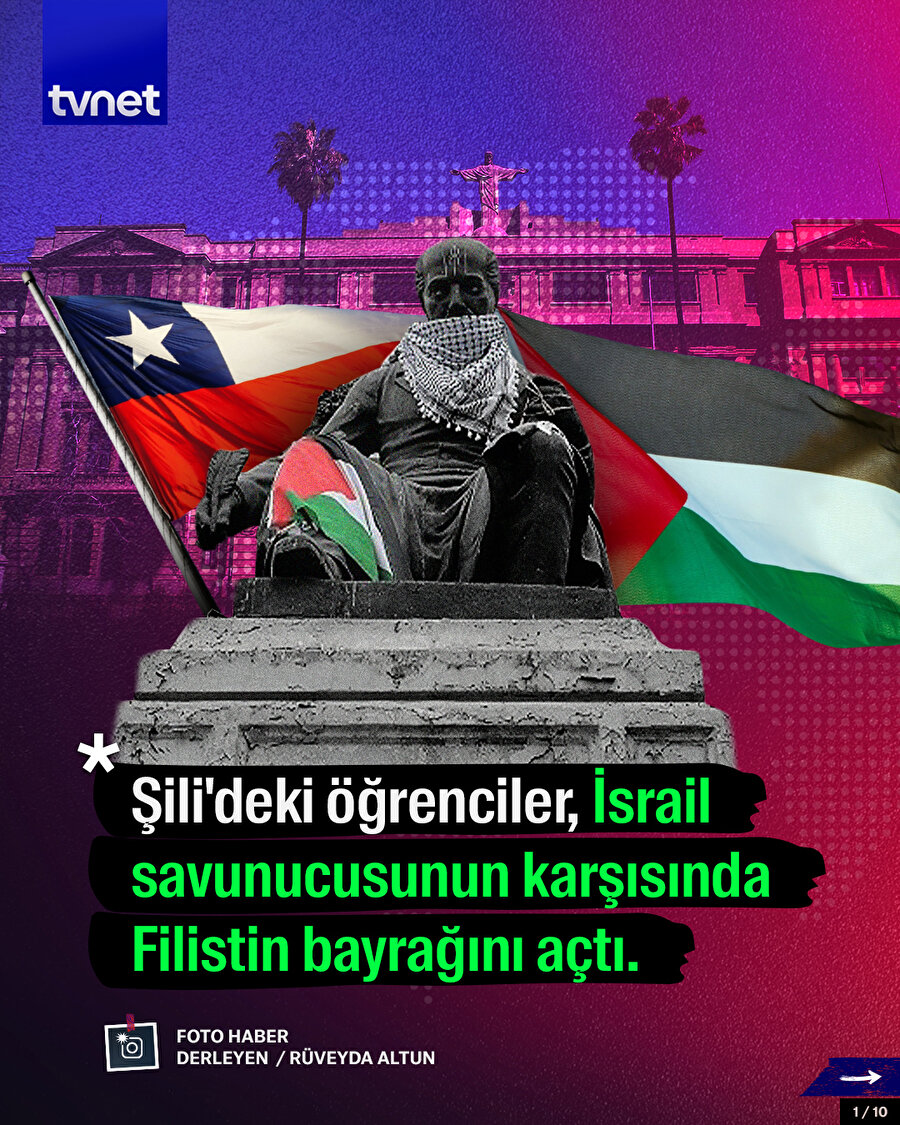 Şili'deki öğrenciler, İsrail savunucusunun karşısında Filistin bayrağını açtı.