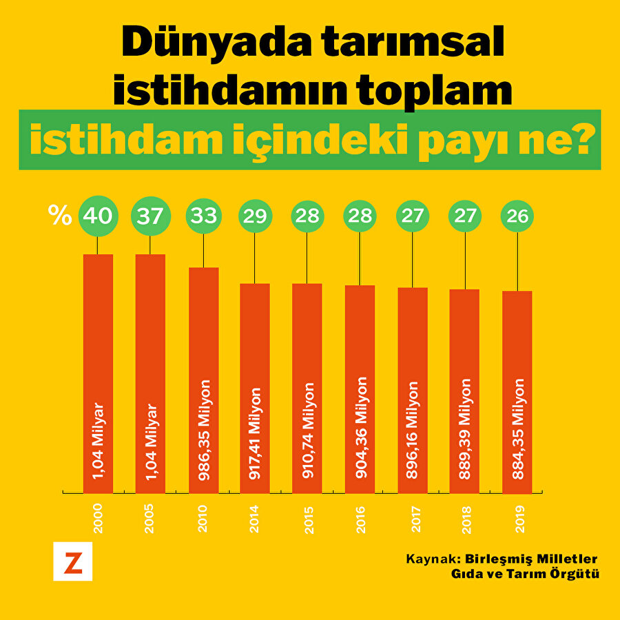 Dünyada tarımsal istihdamın toplam istihdam içindeki payı ne?