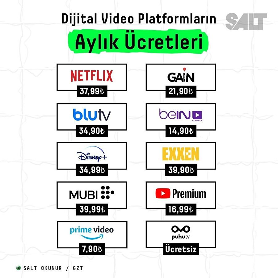 Dijital video platformların aylık abonelik ücreti