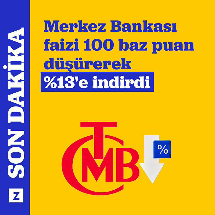 Merkez Bankası, faizi 100 baz puan düşürerek %13'e indirdi