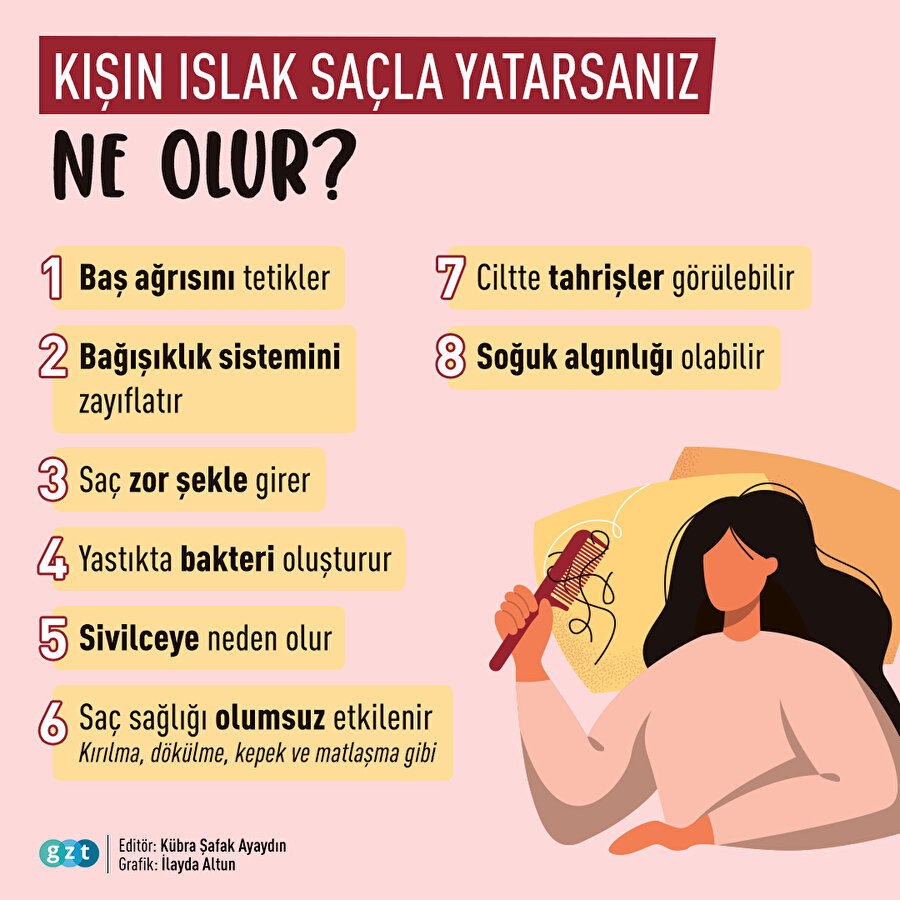 😴Islak saçla uyumamak için 8 sebep