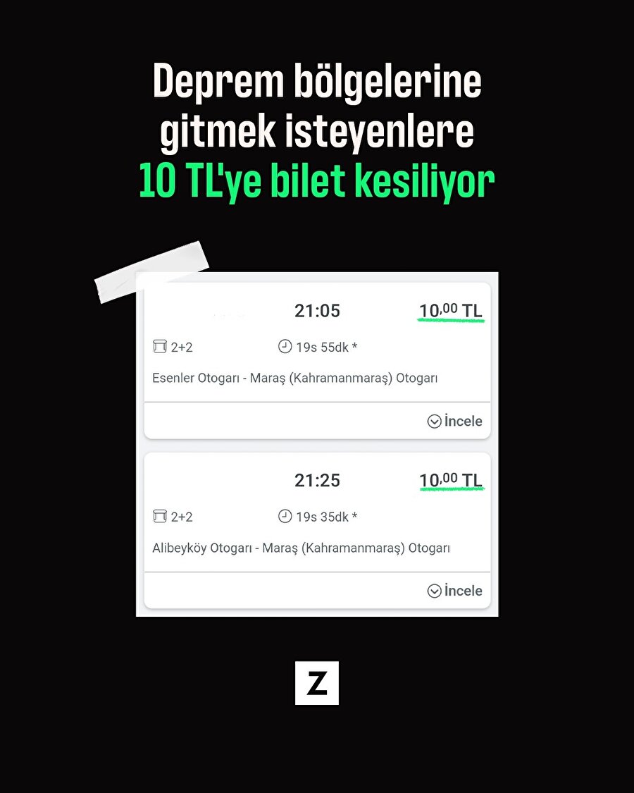 Deprem bölgelerine gitmek isteyenlere 10 TL'ye bilet kesiliyor
