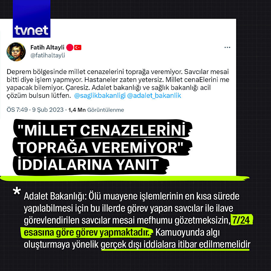 "Deprem bölgesinde millet cenazelerini toprağa veremiyor" iddialarına yanıt