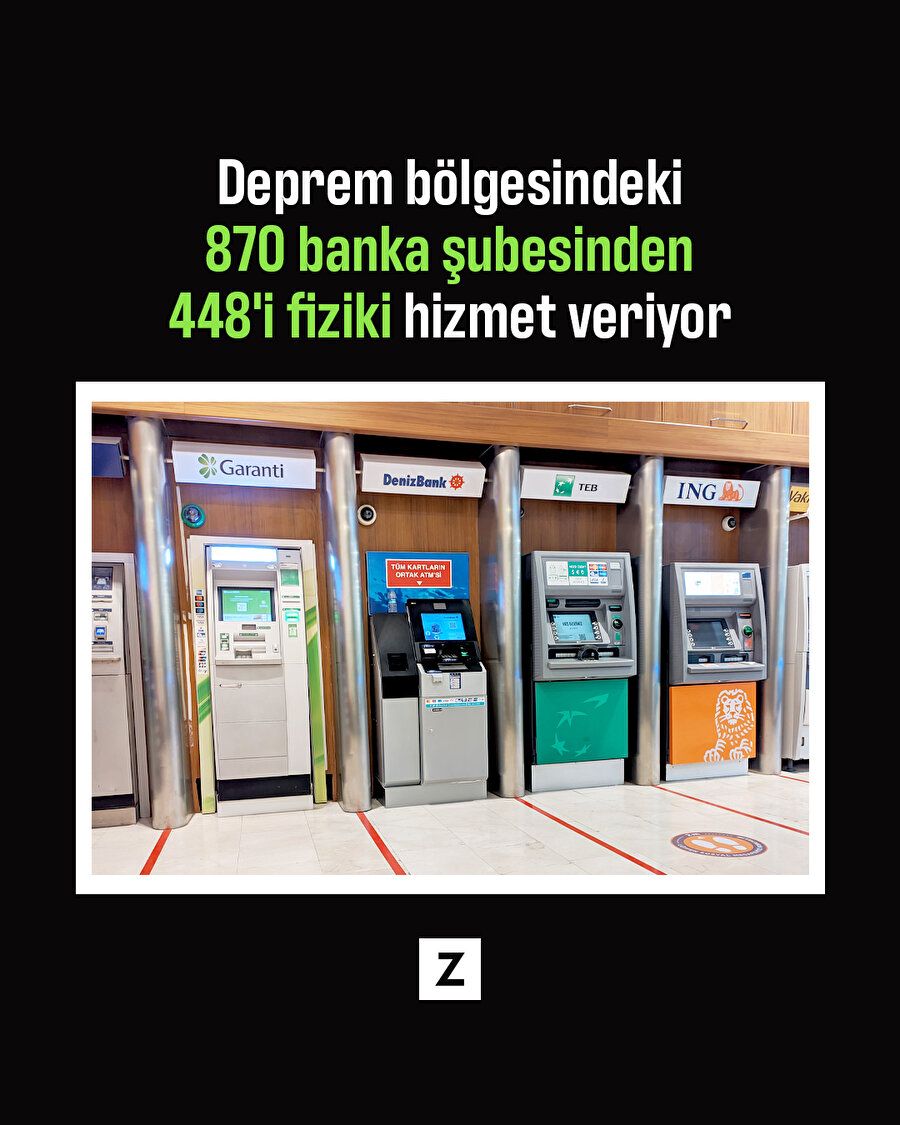 Deprem bölgesindeki 870 banka şubesinden 448'i fiziki hizmet veriyor