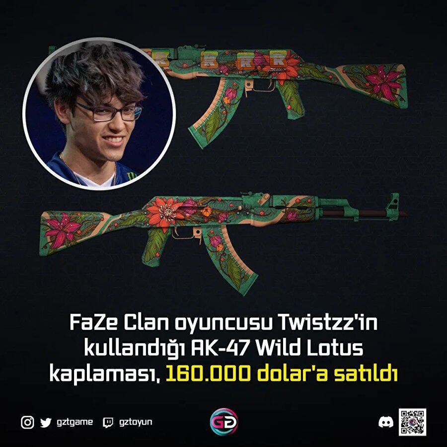 FaZe Clan oyuncusu Twistzz'in kullandığı AK-47 Wild Lotus kaplaması, 160.000 dolar'a satıldı
