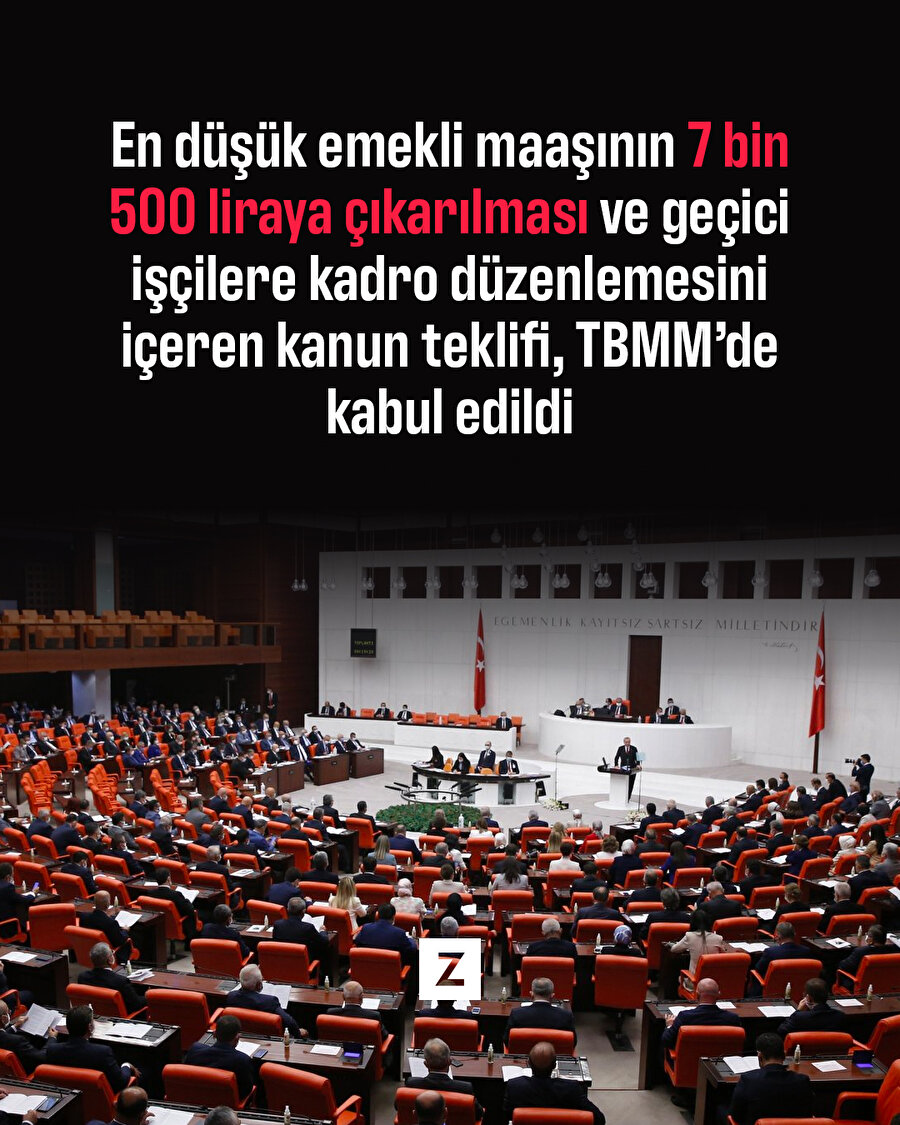 En düşük emekli maaşının 7 bin 500 liraya çıkarılmasını içeren kanun teklifi, TBMM’de kabul edildi
