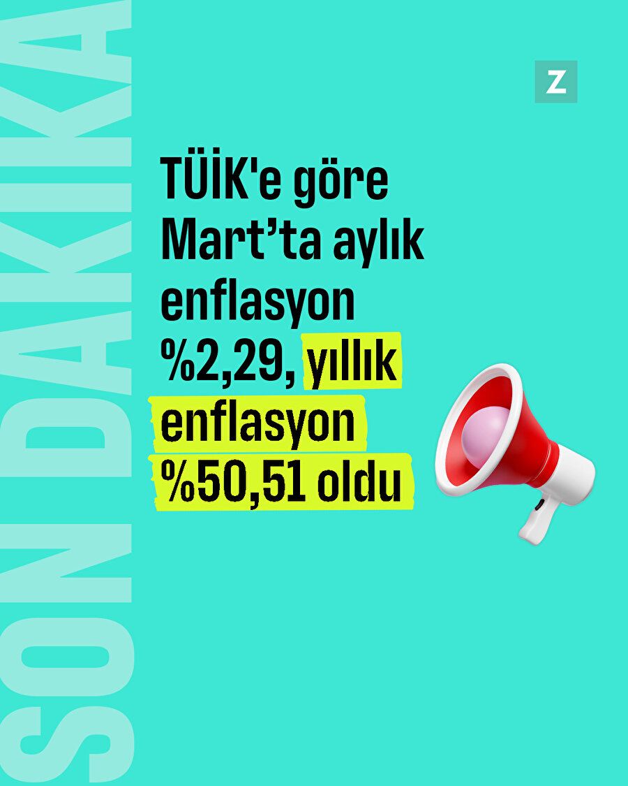 Enflasyon Mart'ta aylık bazda %2,29 artarken yıllık bazda %50,51 oldu