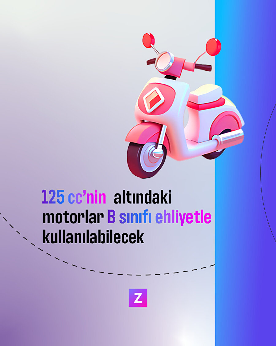 125 cc'nin altındaki motorlar B sınıfı ehliyetle kullanılabilecek