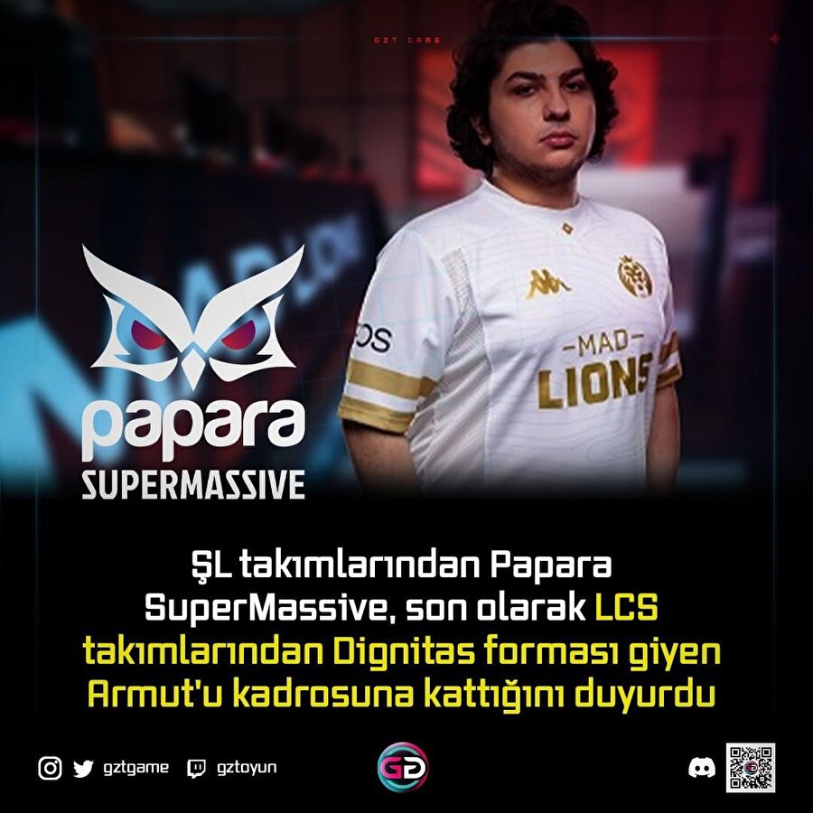 Papara SuperMassive, son olarak LCS takımlarından Dignitas forması giyen Armut'u kadrosuna kattığını duyurdu